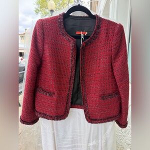 Alice + Olivia Wine-Red Tweed Open Front Jacket